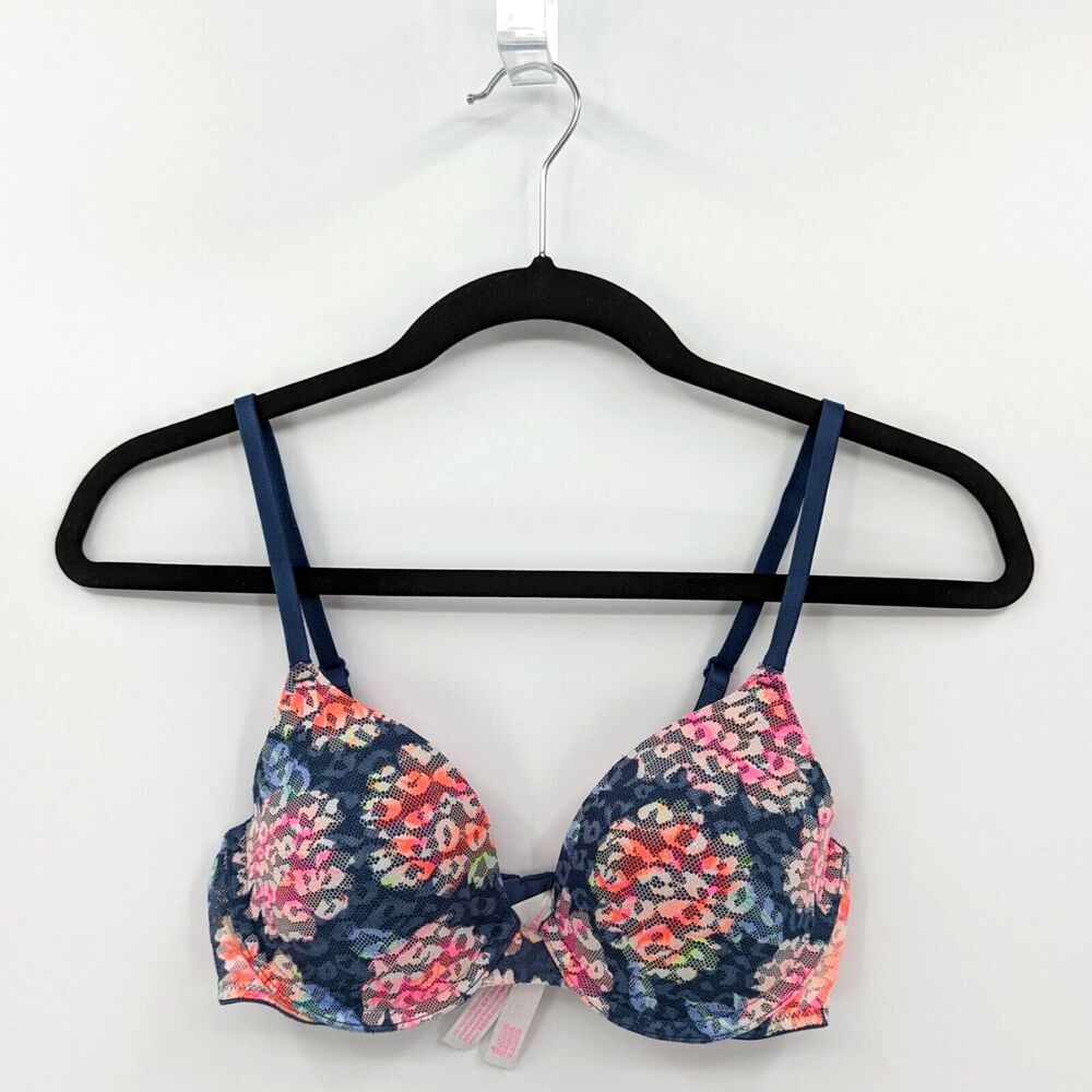 Victoria's Secret PINK Bra Women 34B Blue Floral T-shirt Lightly Lined